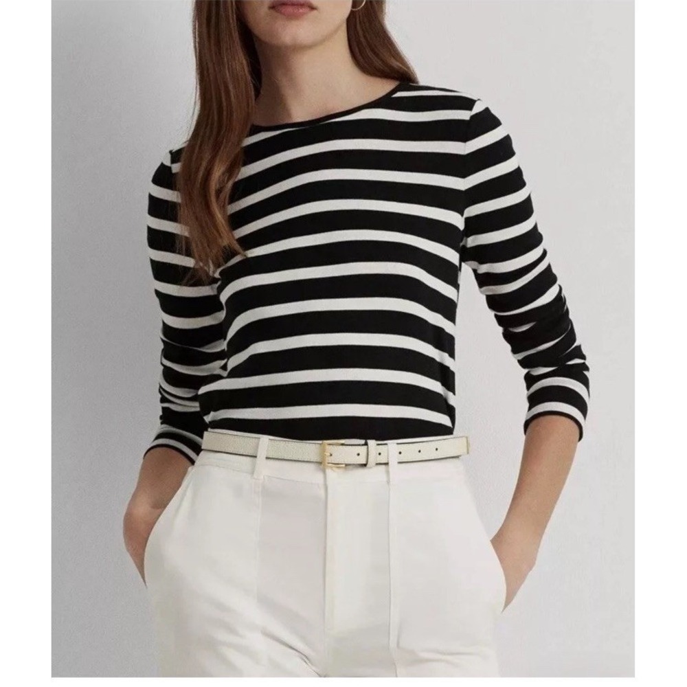 Lauren Ralph Lauren Women's Size XL Black White Striped Long Sleeve T Shirt